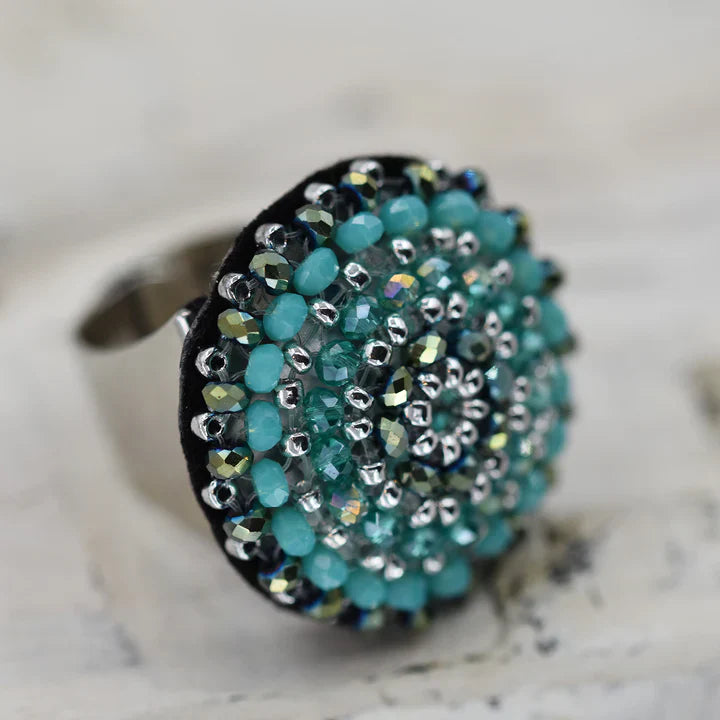 Luxury adjustable scarf ring with aqua beads and crystal accents.