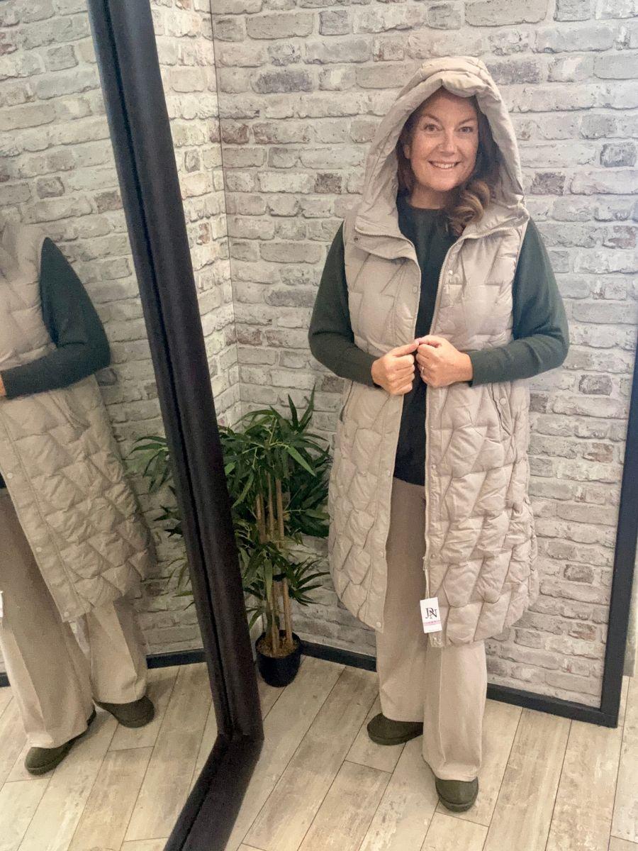 Long Padded Hooded Gilet - Popper and Zipper Fastening