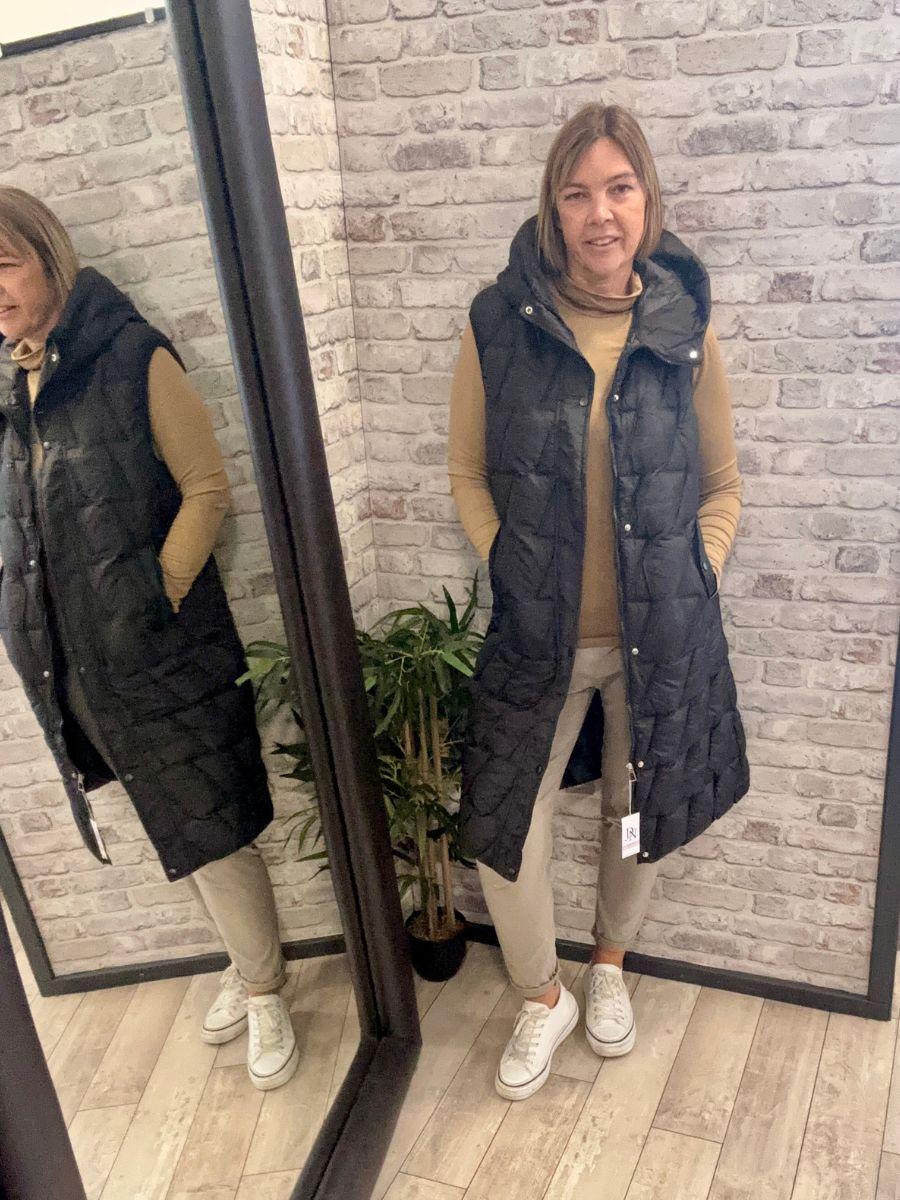 Long Padded Hooded Gilet - Popper and Zipper Fastening