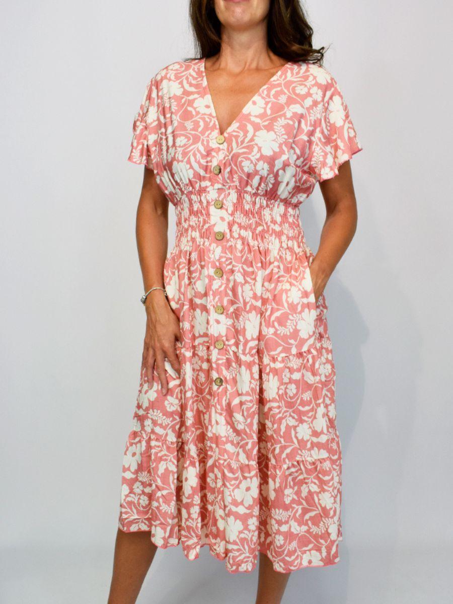 Vintage Flower Button Midi Dress - Flowing Angel Sleeves