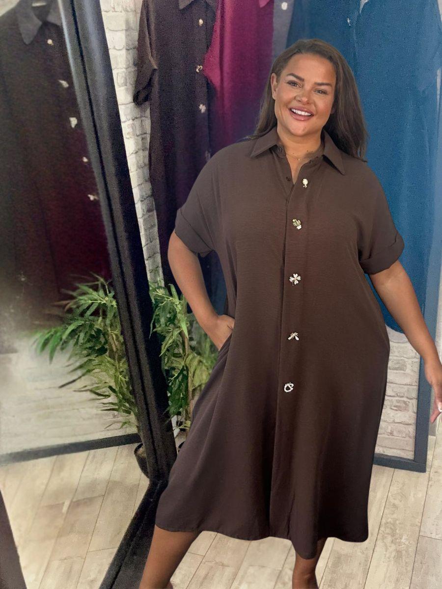 Brooch Shirt Dress - Removable brooches and concealed buttons