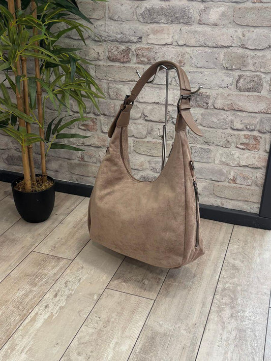 Suede Effect Side Zip Shoulder Bag