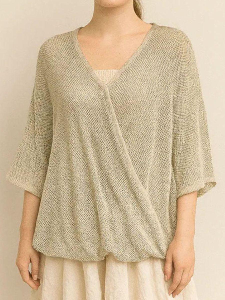 One Button Twist Mesh Top - Single Wooden Button and Open Front