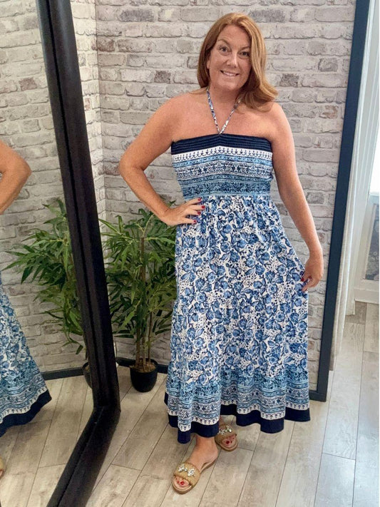 Shirred Body Floral Bandeau Dress - Optional Halter Tie