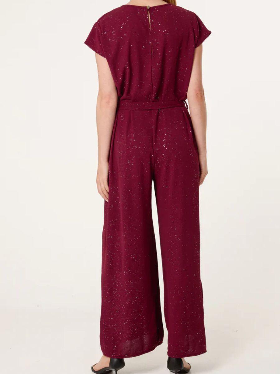 Metallic Glitter Belted Jumpsuit