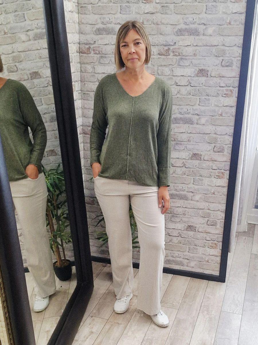 Fine Knit Metallic Thread V Neck Top - Soft touch material