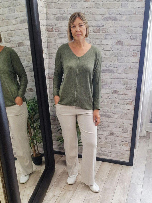 Fine Knit Metallic Thread V Neck Top - Soft touch material