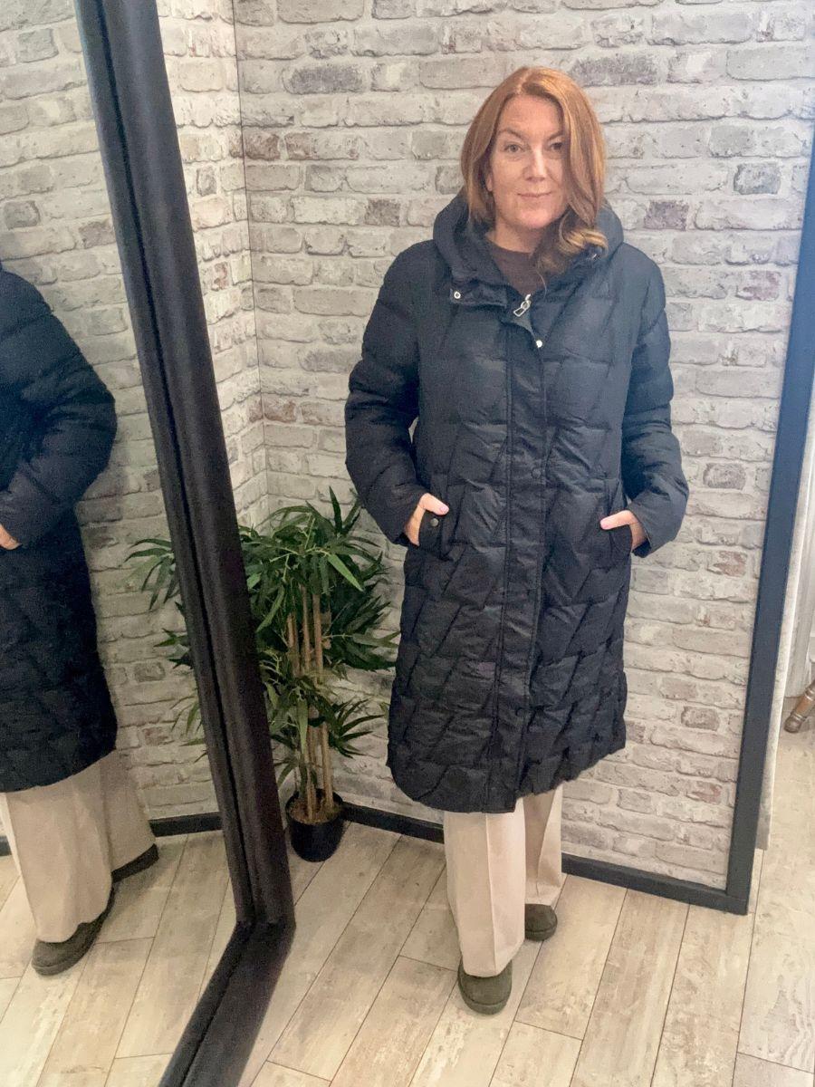 Long Padded Hooded Coat - Popper and Zip Fastening