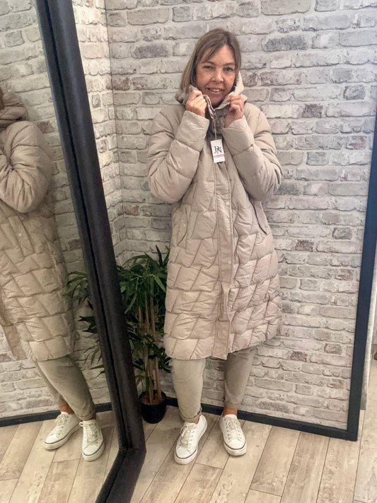 Long Padded Hooded Coat - Popper and Zip Fastening
