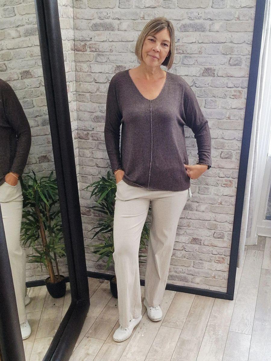 Fine Knit Metallic Thread V Neck Top - Soft touch material