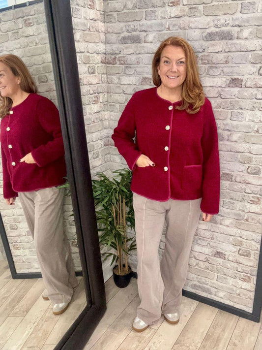 Raspberry Round Neck Sherpa Jacket