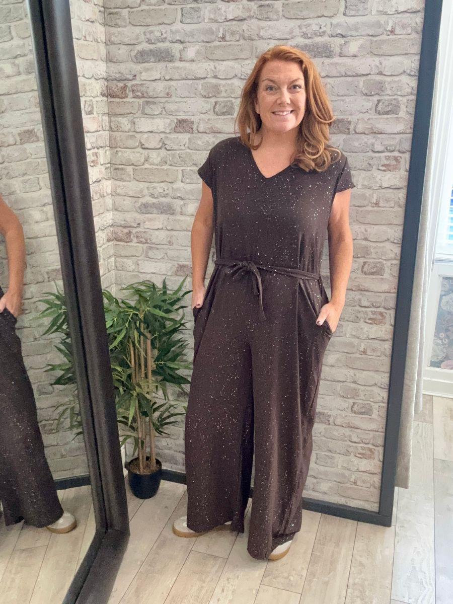 Metallic Glitter Belted Jumpsuit