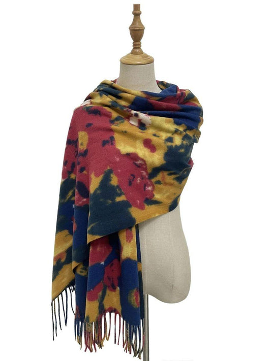 Abstract Flower Print Soft Wool Tassel Scarf