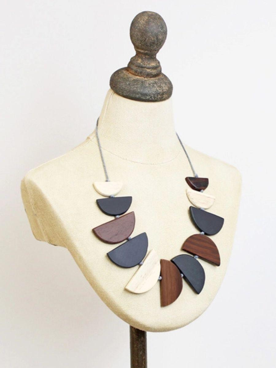 Wooden Half Moon Fan Necklace - adjustable with a cord