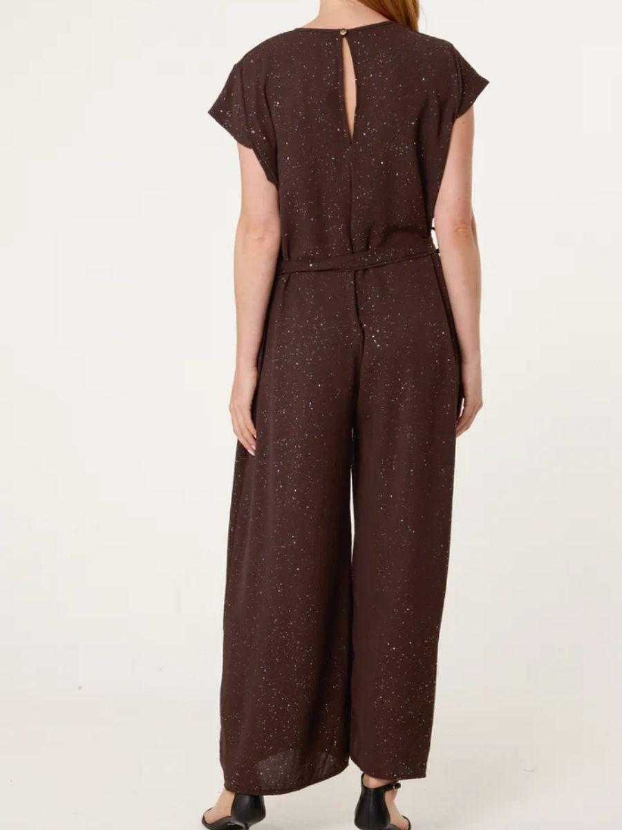 Metallic Glitter Belted Jumpsuit