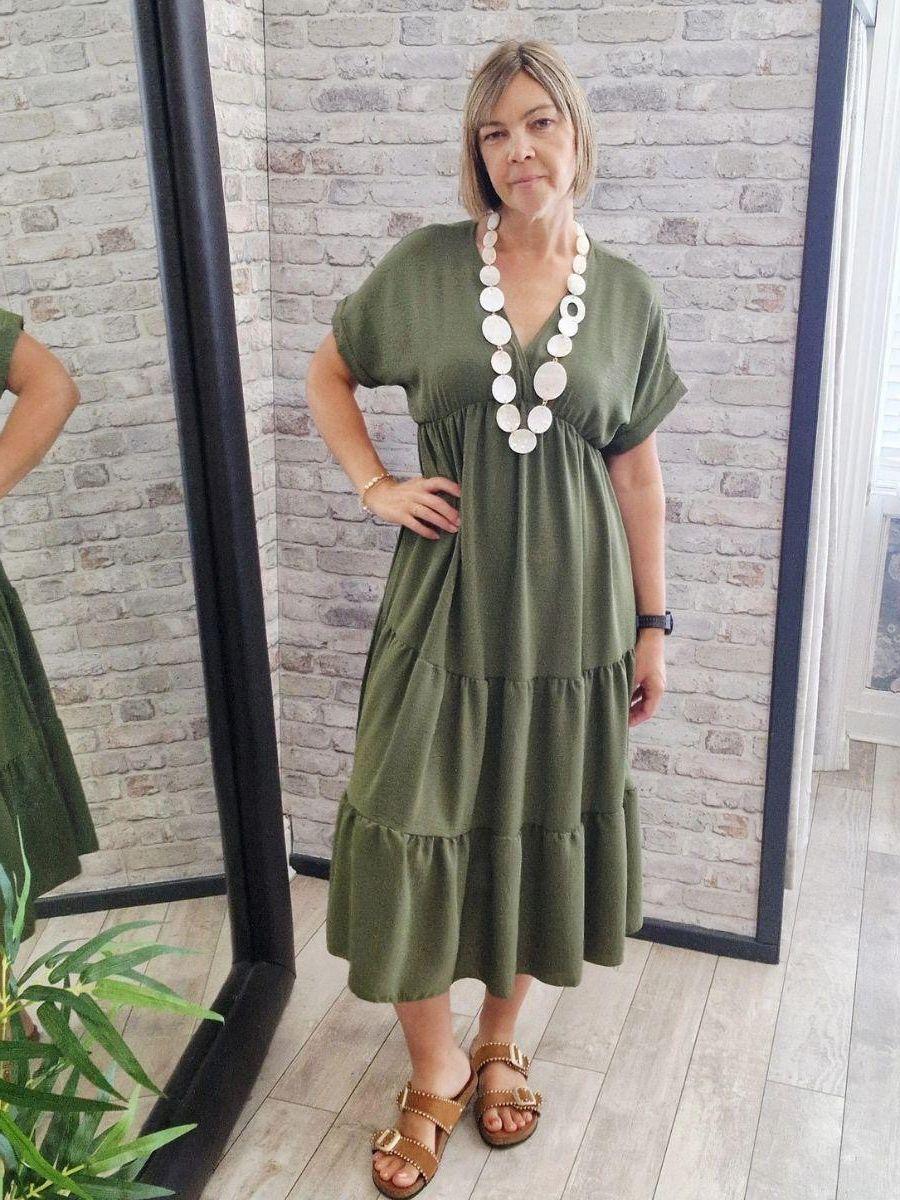 V-Neck Tiered Midi Dress