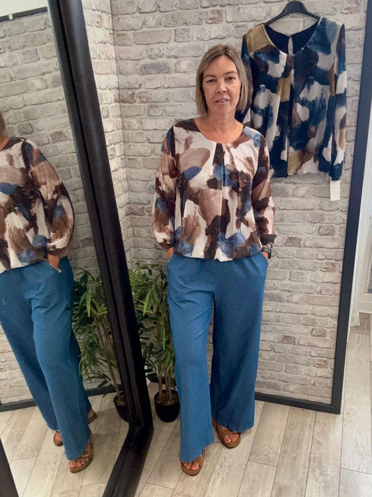 Abstract Colour Mix Bubble Hem Top - Fully lined and long sleeve