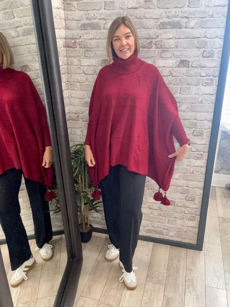 Plain Cowl Neck Tassel Poncho