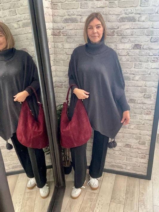 Plain Cowl Neck Tassel Poncho