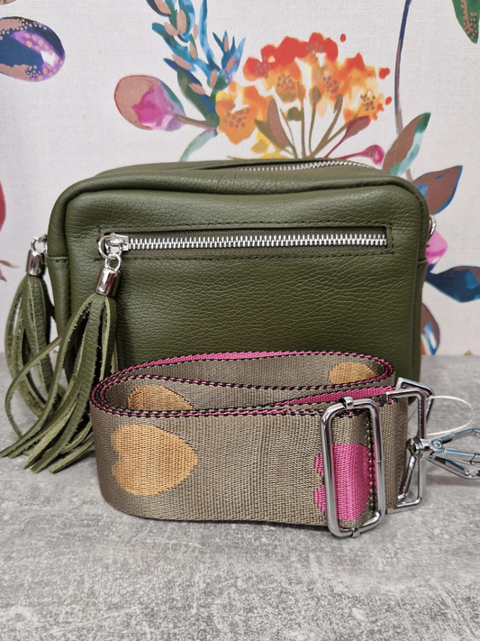 Olive leather bag with decorative strap, perfect gift for Mother’s Day or special occasions.