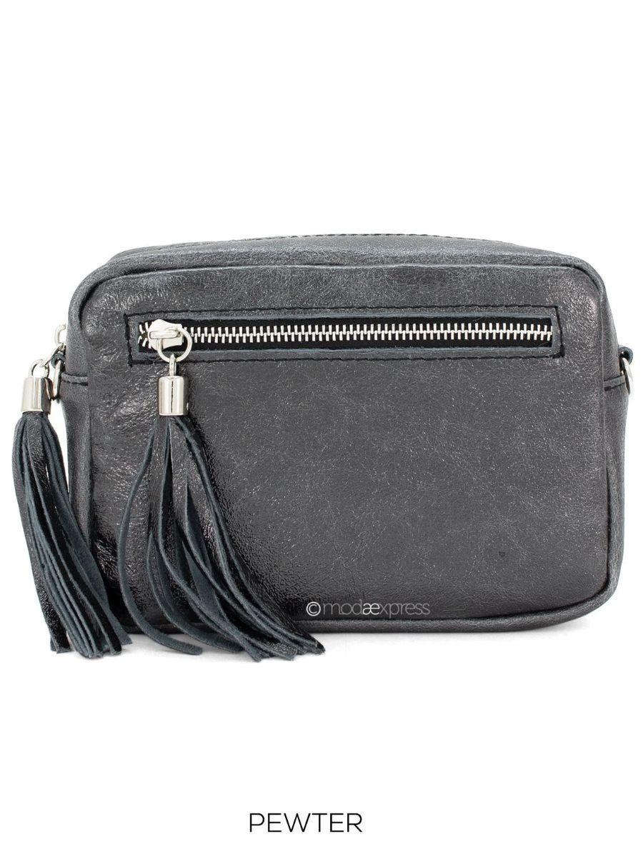 Rectangle Metallic Leather Tassel Bag