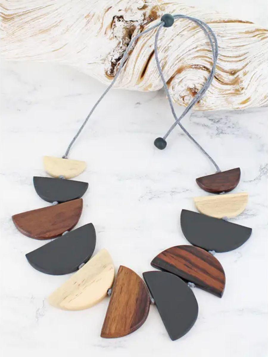 Wooden Half Moon Fan Necklace - adjustable with a cord