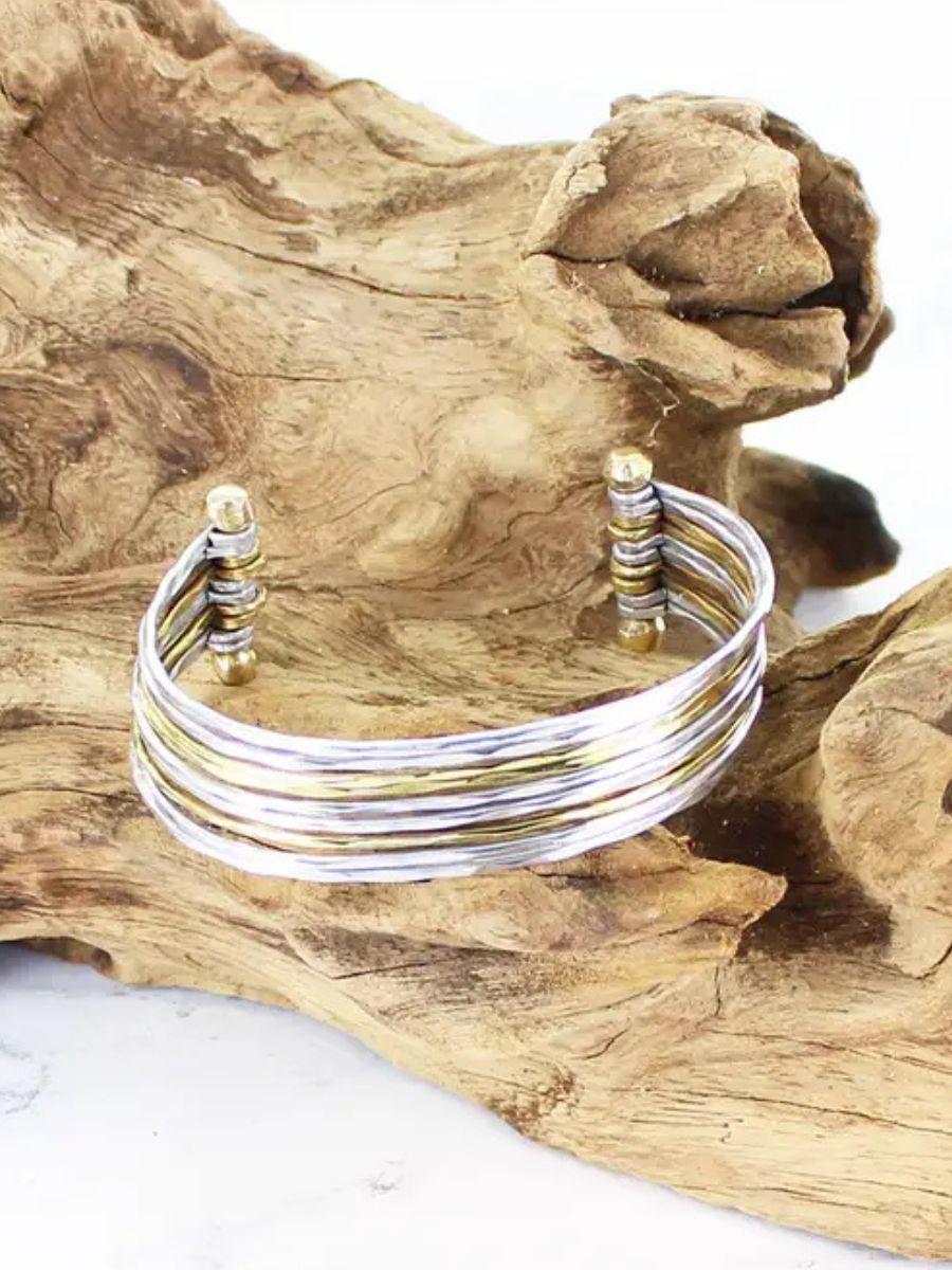Narrow Mixed Silver & Gold Bar Cuff - Adjustable and comfortable