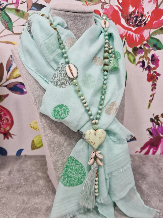 Mint scarf and necklace gift bundle with decorative beads and heart pendant.