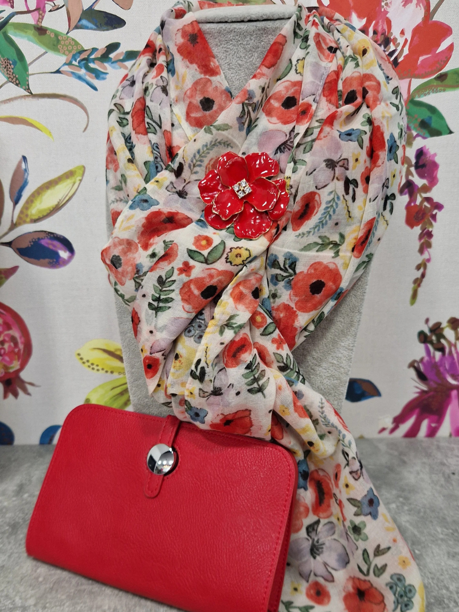 Poppy scarf with floral pattern, red brooch, and matching purse set.