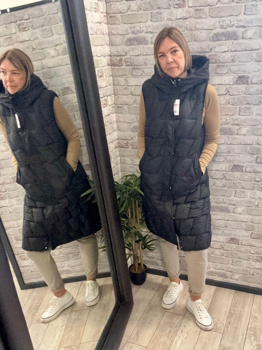 Long Padded Hooded Gilet - Popper and Zipper Fastening