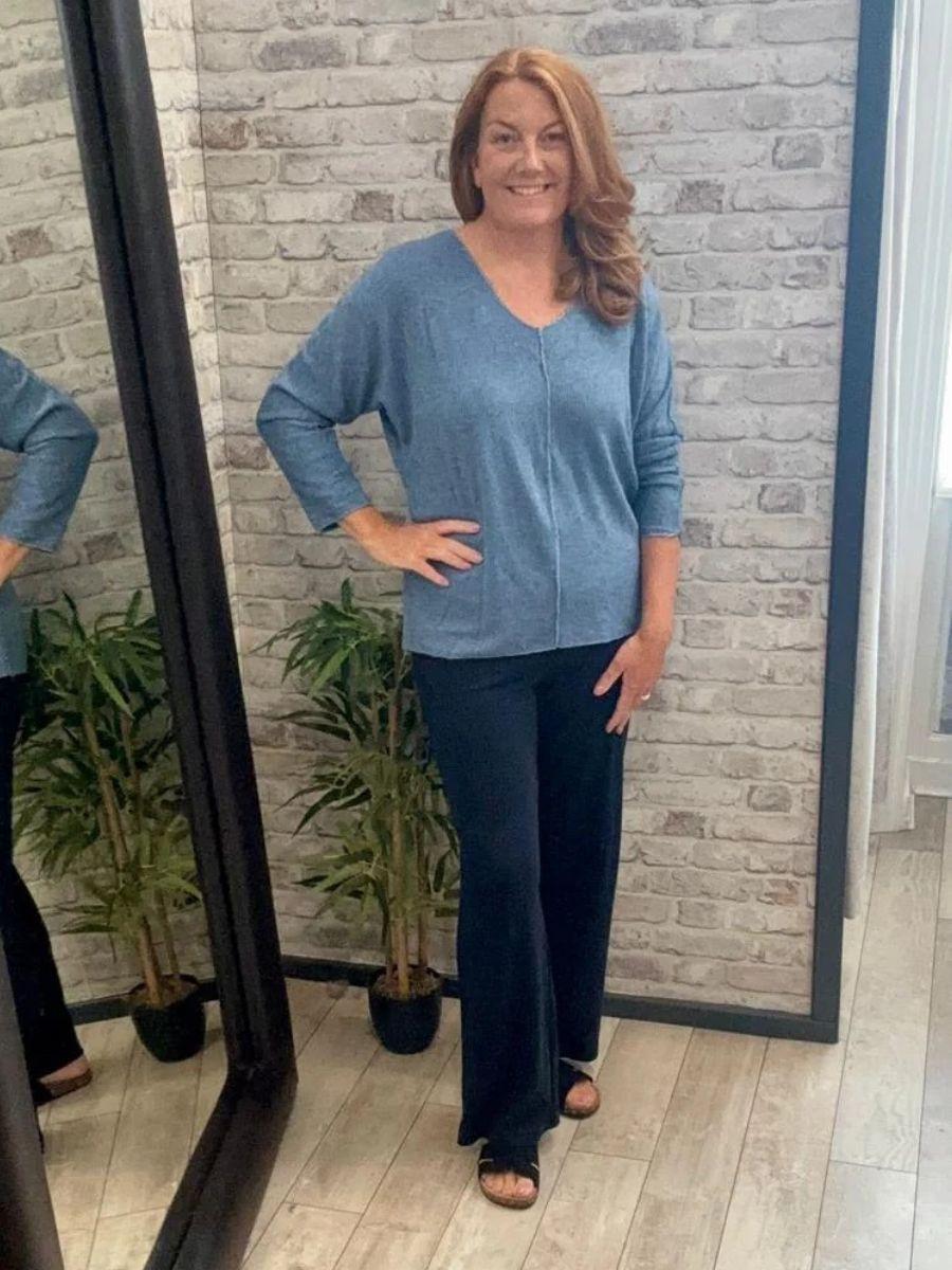 Fine Knit Metallic Thread V Neck Top - Soft touch material