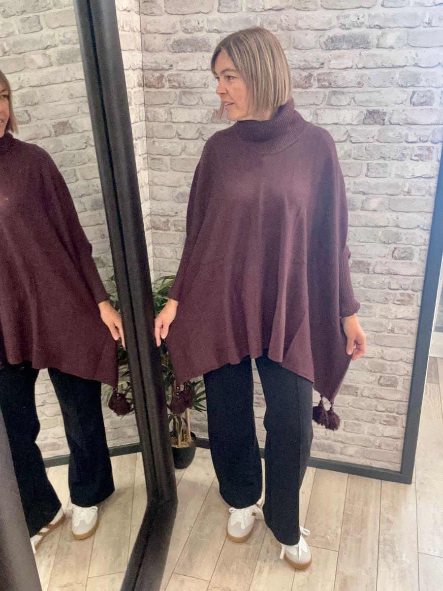 Plain Cowl Neck Tassel Poncho