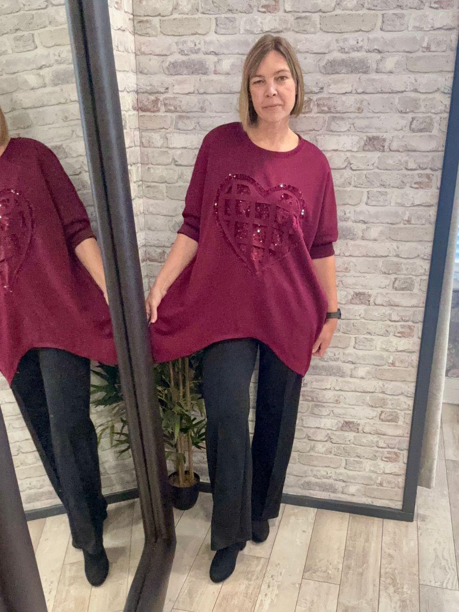 Sequin Heart Dip Hem Sweater