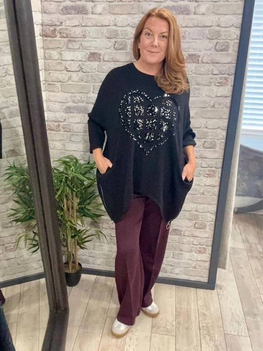 Sequin Heart Dip Hem Sweater