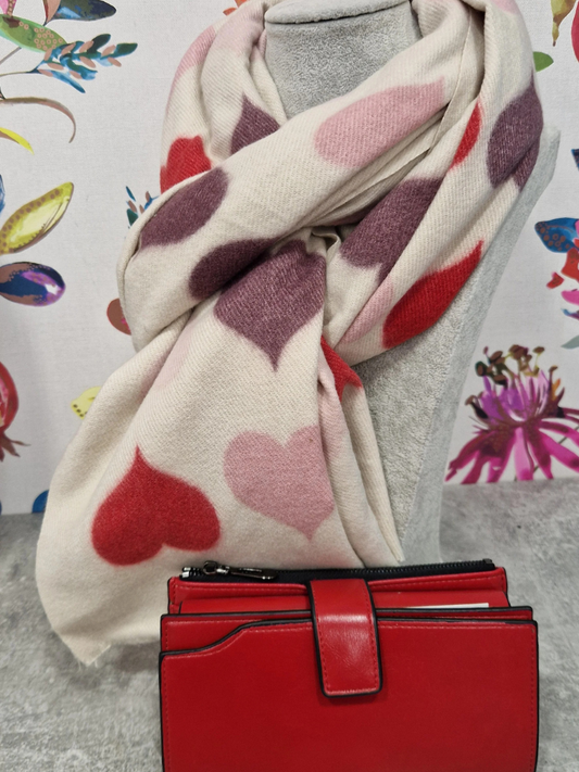 Bold Heart Scarf and red purse gift bundle with heart patterns.