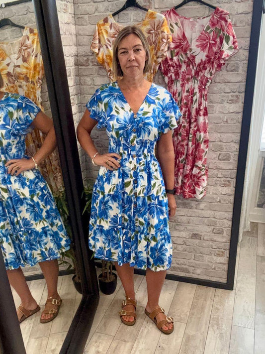 Bold Fade Flower Button Midi Dress - Flowing Angel Sleeves
