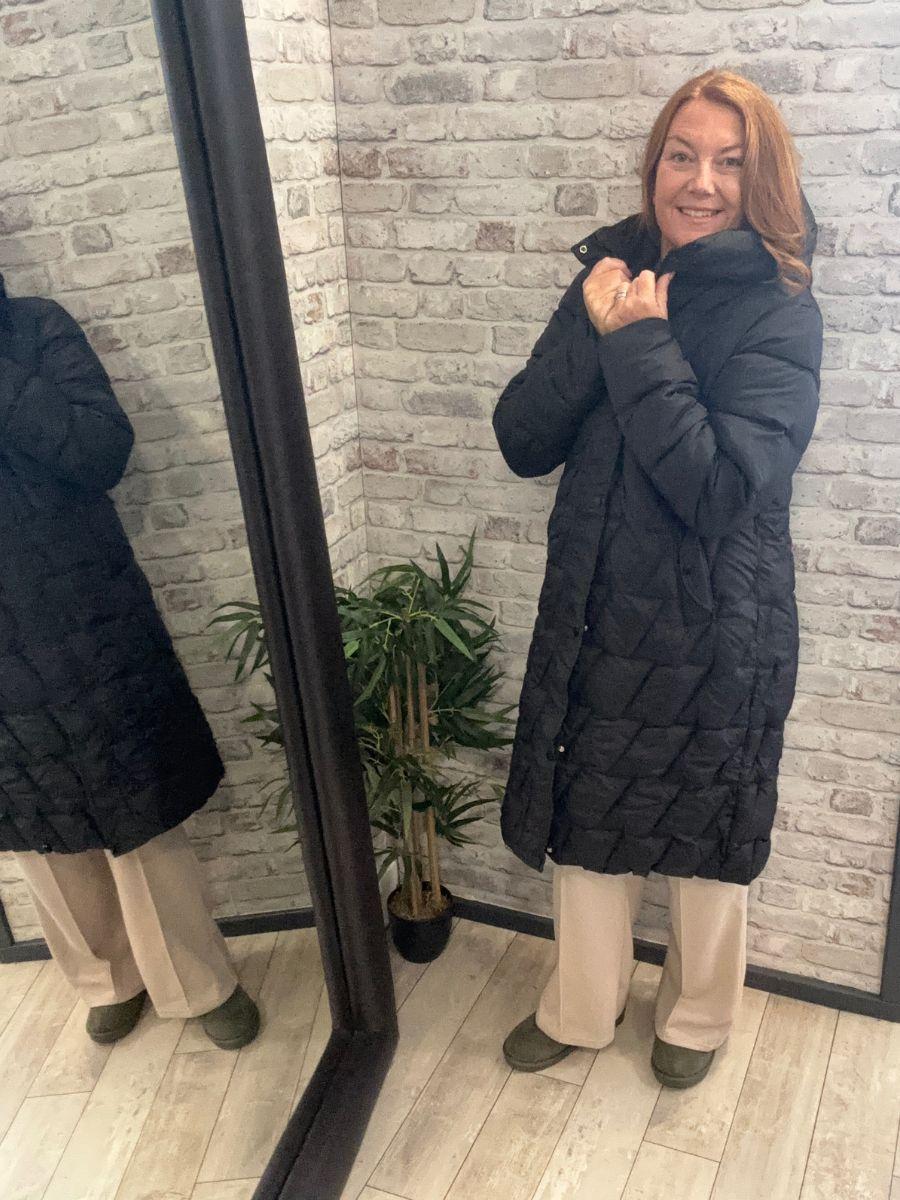 Long Padded Hooded Coat - Popper and Zip Fastening