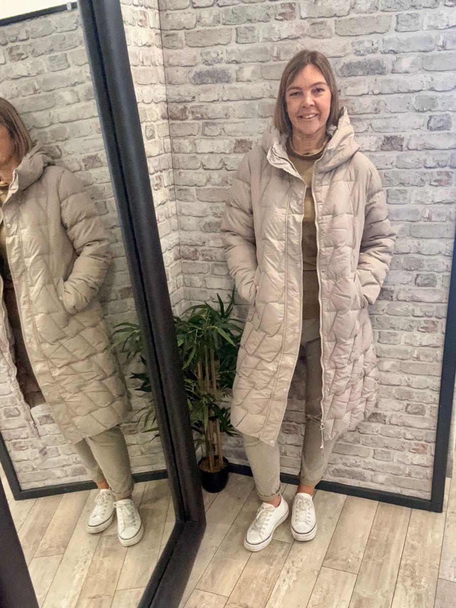 Long Padded Hooded Coat - Popper and Zip Fastening
