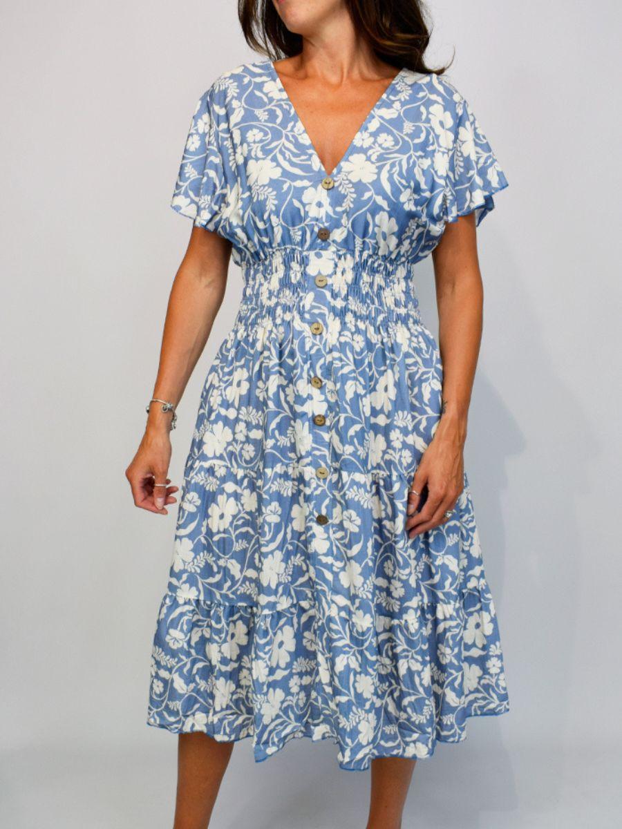 Vintage Flower Button Midi Dress - Flowing Angel Sleeves