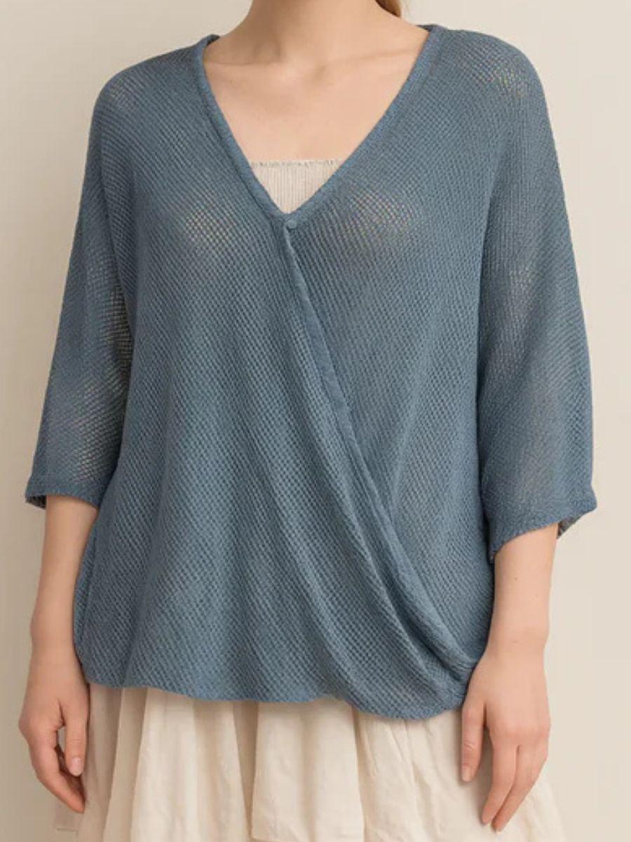 One Button Twist Mesh Top - Single Wooden Button and Open Front