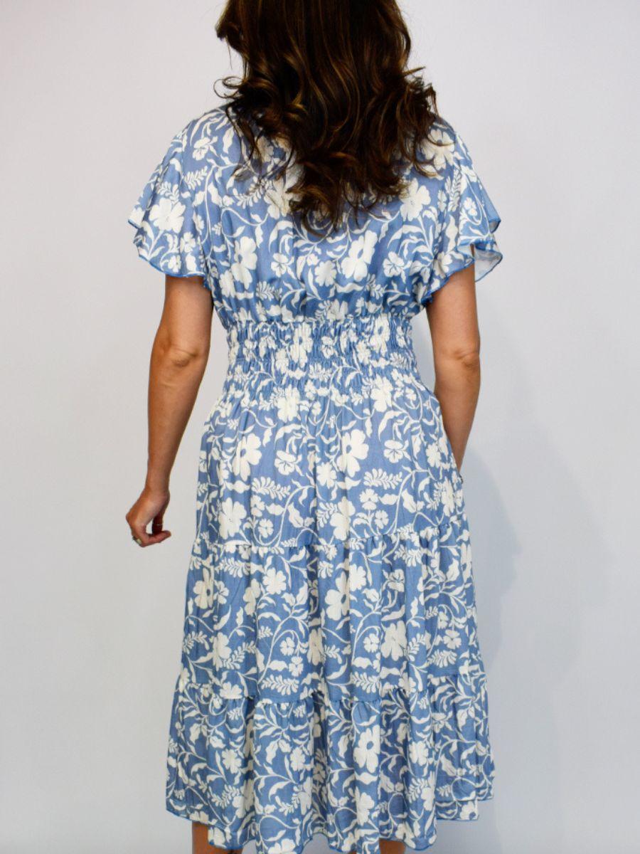 Vintage Flower Button Midi Dress - Flowing Angel Sleeves