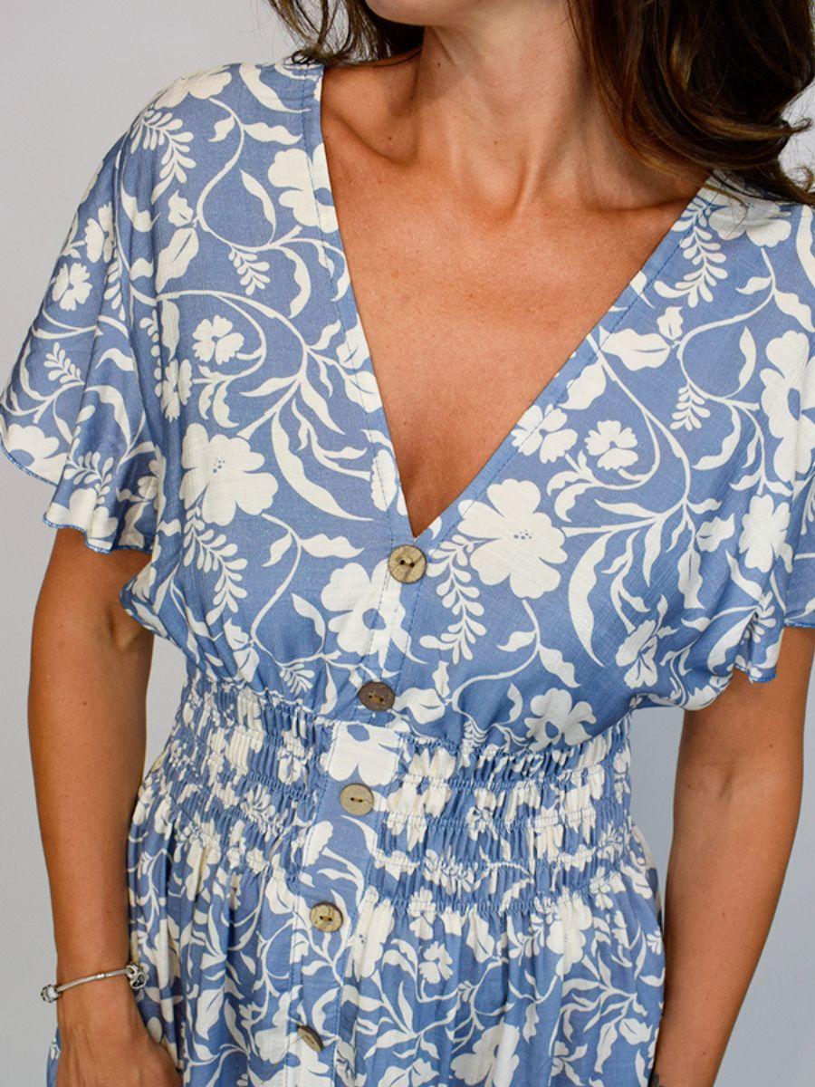 Vintage Flower Button Midi Dress - Flowing Angel Sleeves