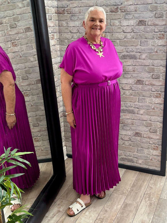 Pleated Belted Maxi Dress  - Belt included to cinch the waist