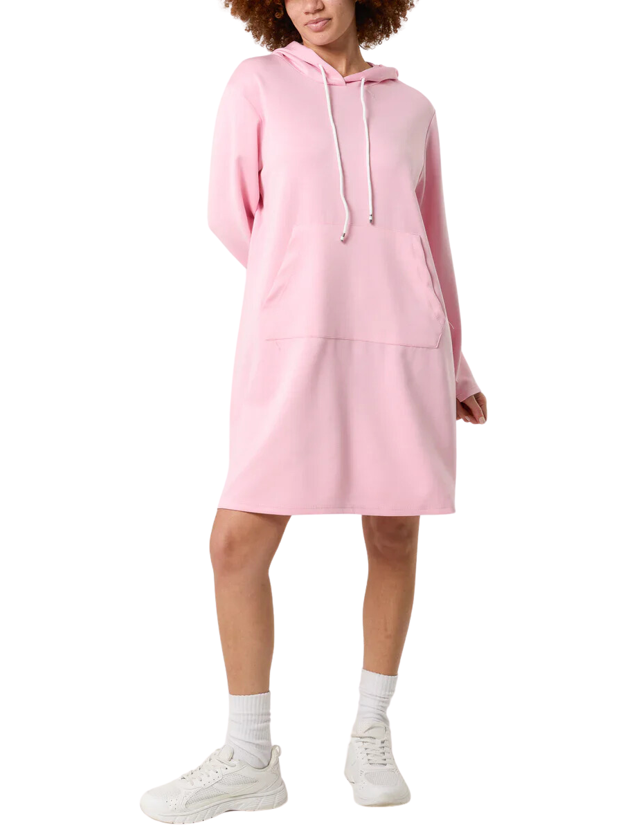 Soft Touch Hooded Sweatshirt Dress in pink, cozy and stylish spring outfit.