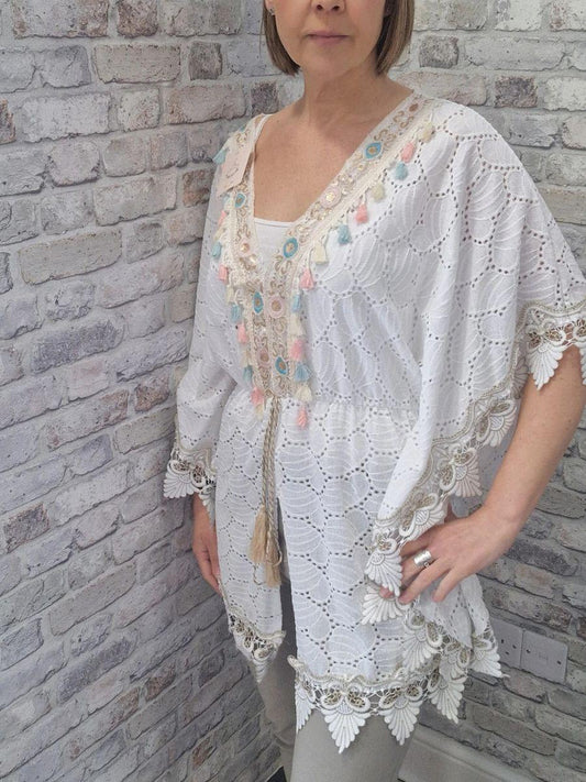Tassel Trim Fitted Poncho - Beautiful intricate design.