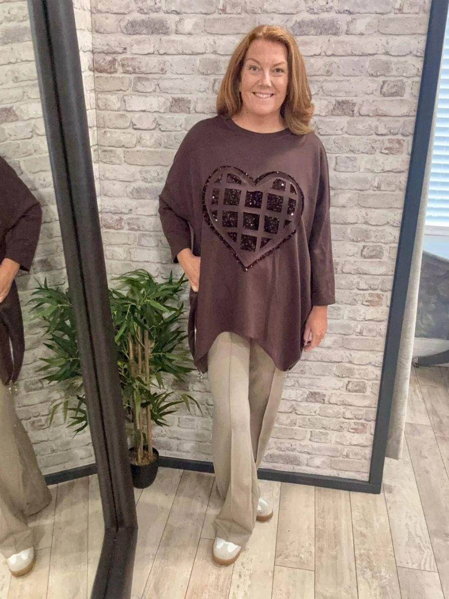 Sequin Heart Dip Hem Sweater