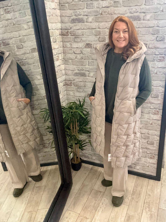Long Padded Hooded Gilet - Popper and Zipper Fastening