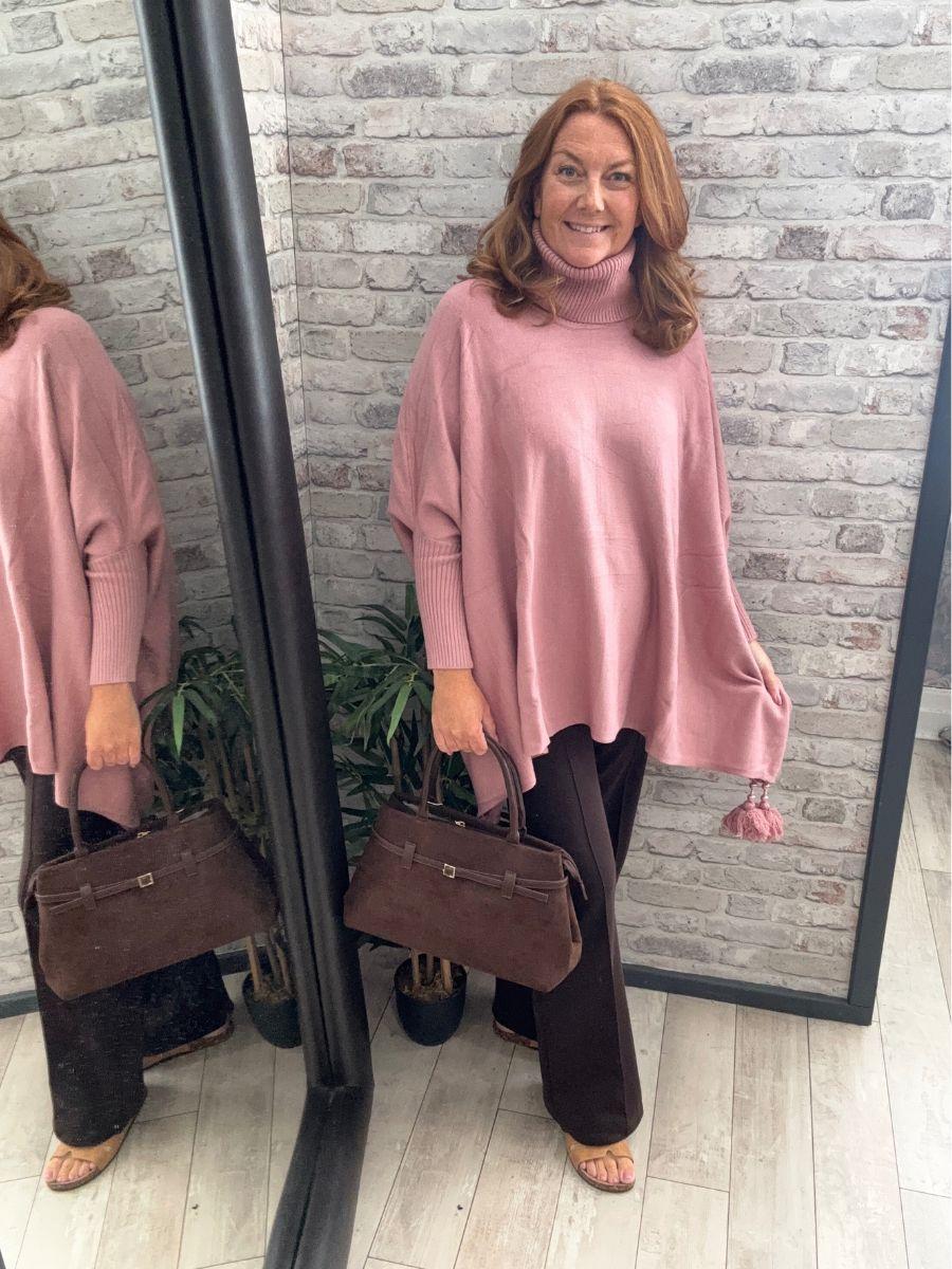Plain Cowl Neck Tassel Poncho