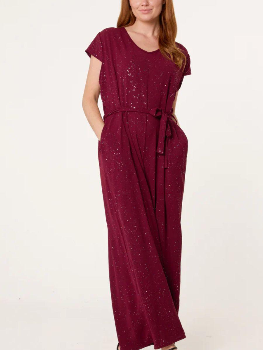 Metallic Glitter Belted Jumpsuit