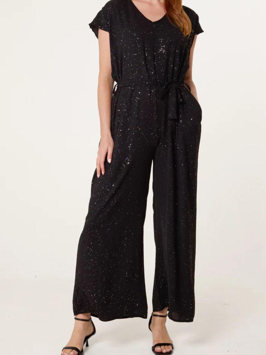Metallic Glitter Belted Jumpsuit